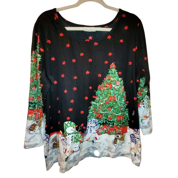 Vtg Collection Ect. Womens Long Sleeve Christmas Top Snowman Tree Scene XL - Picture 1 of 9